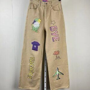 Edikted‎ Wide Leg Jeans Pants Womens XS Tan Vacation Travel Graphic Print